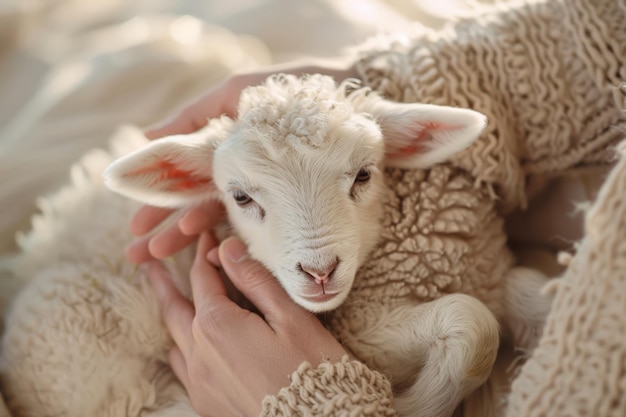 Photo newborn lamb in soft focus nuzzled in human hands