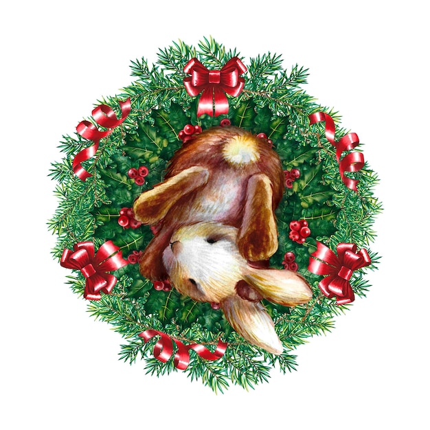 Newborn rabbit in Christmas tree branches. Watercolor illustration.