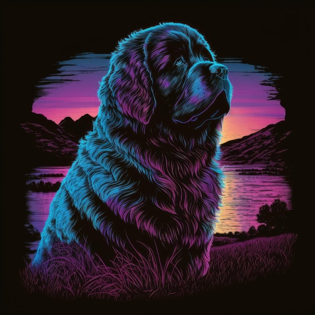 Newfoundland Dog 80s Synthwave Detailed TShirt Vector Art with Vivid Colors Generative AI