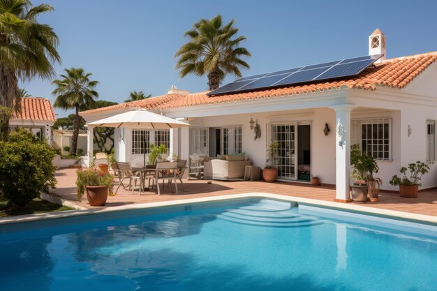 Newly built villa with solar panels on roof against sunny blue sky ideal for ecofriendly living