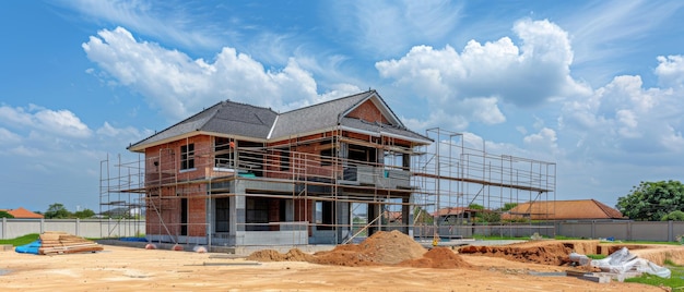 A newly constructed brick house stands under a bright blue sky surrounded by scaffolding and construction materials