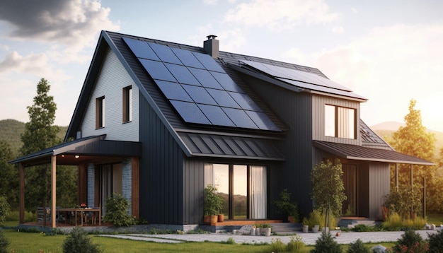 Newly constructed homes featuring dark solar panels on the roof under a bright sky capturing a closeup of the modern structure Generative AI