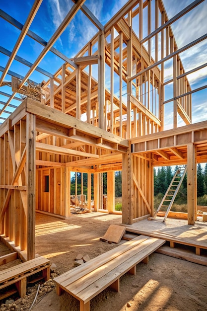 Newly constructed house with unfinished interior with wooden stud timber framing supports beams