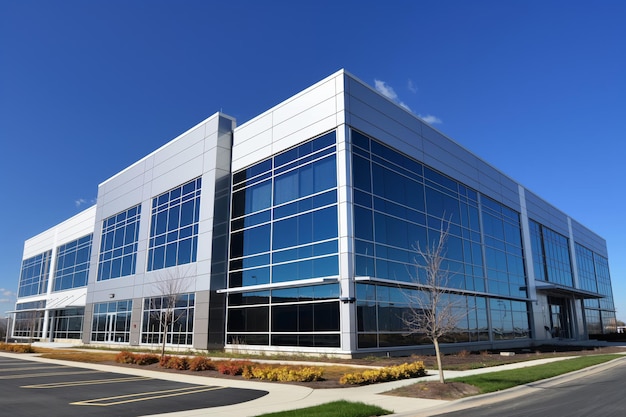 Newly constructed modern office building exterior with glass facade and contemporary design Set against a clear blue sky in the urban landscape