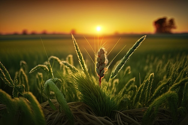 Newly emerged barley or wheat seedlings greet the rising sun over a farming field