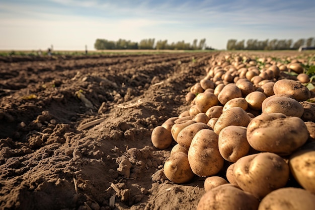 Newly harvested potatoes in a sunny field created by generative AI