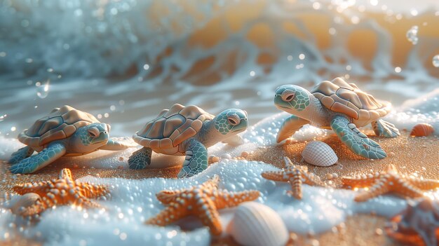 Photo newly hatched sea turtles crawling towards ocean waves on sandy beach at sunrise