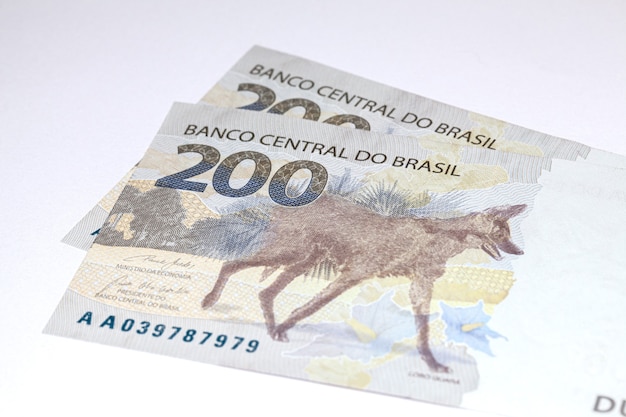 Newly launched 200 Reais brazilian note money bill close up details