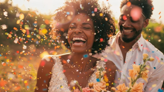 A newly married couple laughs together in a park showered with confetti The bride wears a white dress and holds a bouquet of flowers while the groom looks on his arms wrapped around her