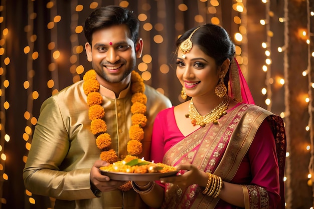 A newlywed couple celebrating their first Dhanteras