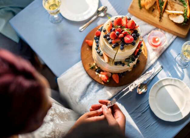 Newlywed Couple Hands Cutting Cake Together