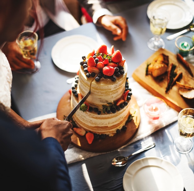 Newlywed Couple Hands Cutting Cake Together