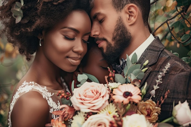 Photo newlywed multiethnic couple with bouquet of flowers