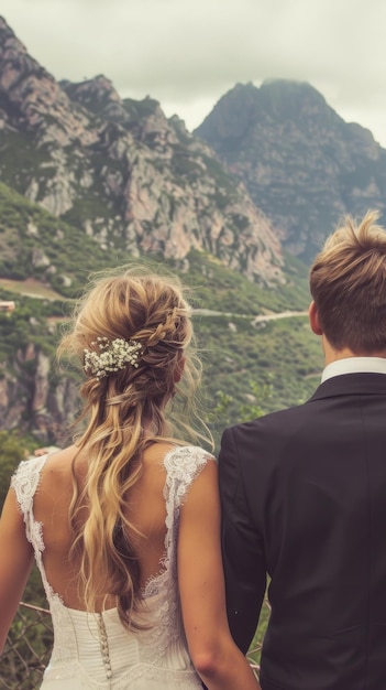 Photo newlyweds embrace mountain view