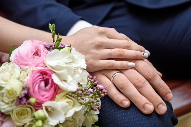 Newlyweds' hands with rings