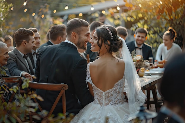 Newlyweds hanging out with guests in yard