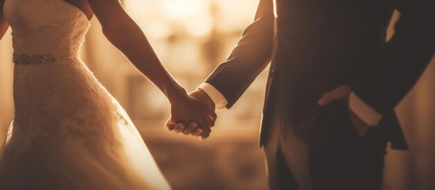 Photo newlyweds holding hands in warm light