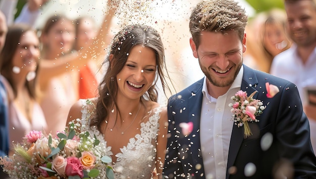 Newlyweds laugh under a shower of petals and grains The concept of wedding and happiness