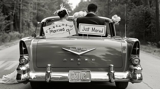 The newlyweds leave reception in vintage car decorated with signs that say they got married Happiness holiday fun retro nature landscape Concept of starting a life together Generative by AI