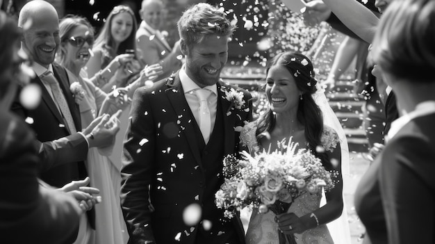 Photo the newlyweds share a joyful moment as family and friends throw confetti to celebrate their wedding day outdoors