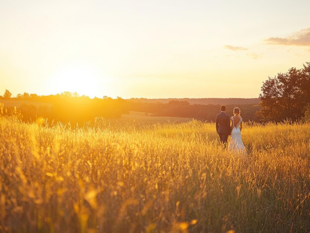 Photo newlyweds walking in golden sunset field