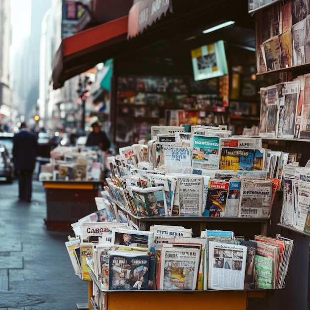 Photo a newspaper stand in a busy city street filled with various newspapers and magazines