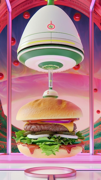 NextGen Burger Nanoingredients A mouthwatering burger with no calories Served in a virtual reality dining experience 3D render Golden hour HDR Rack focus view