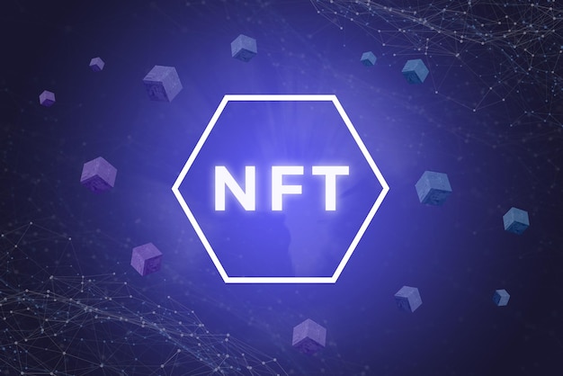 NFT 3d illustration with text in hexagon surrounded by blockchain blocks and network nodes on a blue background