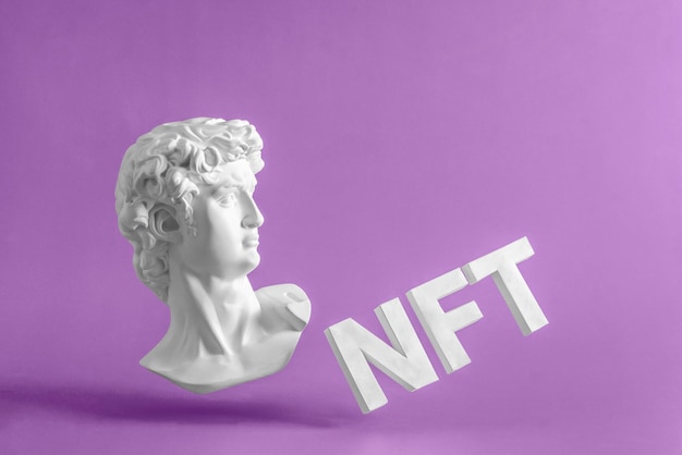 NFT concept David antique in the style of pop or vaporwave and 3D text NFT A minimal concept of modern digital art