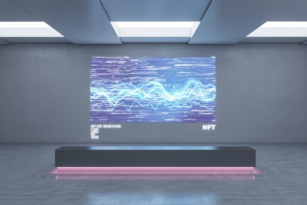 NFT concept with futuristic design of contemporary art exhibition digital picture on the wall dark bench illuminated pink color on concrete wall 3D rendering