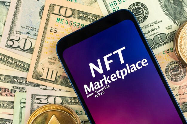 NFT cryptoart marketplace background Smartphone with NFT application on money background with golden crypto currency coins top view photo