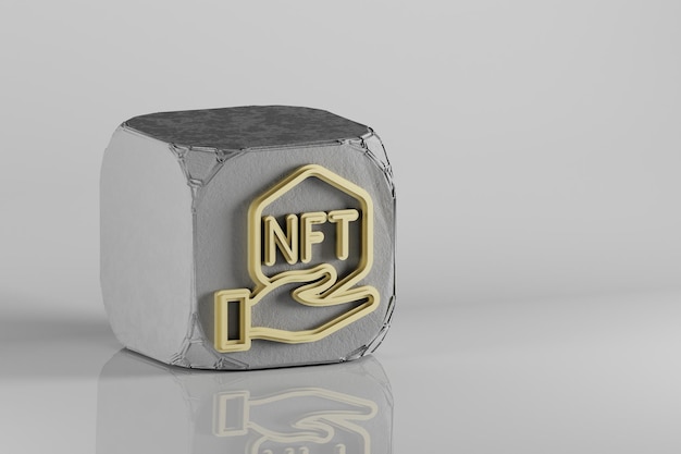 NFT Hand icon Beautiful Golden NFT symbol icons on a beton cube and ceramic background 3d renderin