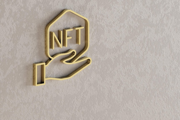 NFT Hand icon Beautiful Golden NFT symbol icons on wall background 3d rendering illustration Back