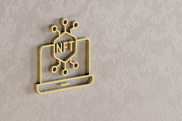 NFT And Laptop icon Beautiful Golden NFT symbol icons on wall background 3d rendering illustratio