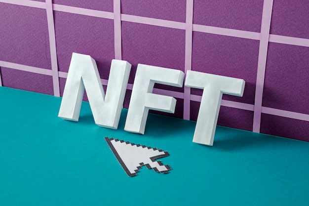 NFT letters and the mouse arrow cursor in cyberspace Minimal is the concept of cryptocurrency and digital modern virtual crypto technologies