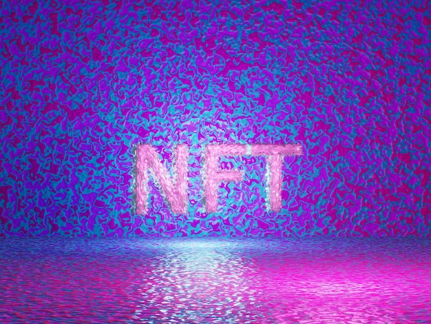 NFT, non-fungible token, text on vivid tech violet room. Non-refundable token. 3d render.