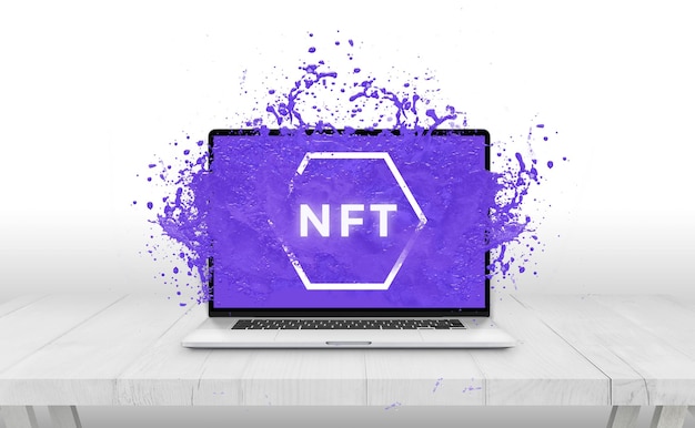 NFT nonfungible token text comes out with purple liquid from laptop display concept