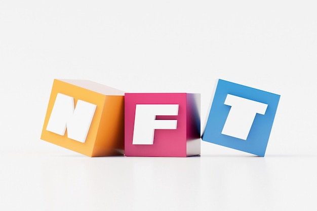 NFT nonfungible token words at cube box on white background Funny nft cartoons style 3d illustration