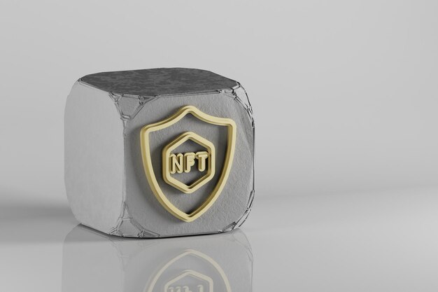 NFT Security icon Beautiful Golden NFT symbol icons on a beton cube and ceramic background 3d rend