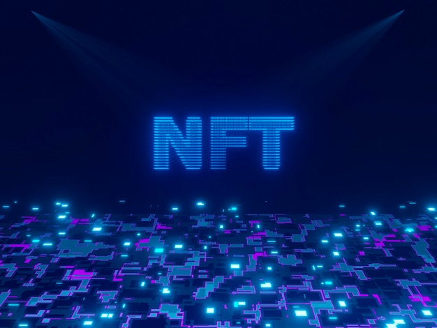 NFT text with hologram effect light blue color on sci fi background Metaverse vr world 3d rendering