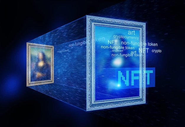 NFT token and crypto art painting with blue cyber light in digital gallery