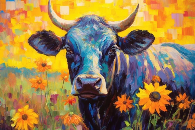 Nguni Bull Buffalo made of oil paint modern art with sunflower Generative AI