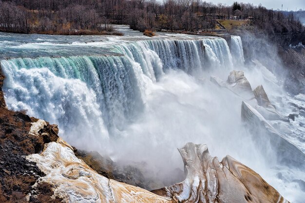 Niagara Falls, America. A view on American Falls and Bridal Veil Falls. Early springtime