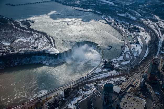 Niagara waterfall aerial view from helicopter in Canada