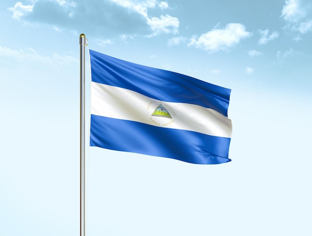 Nicaragua national flag waving in blue sky with clouds Nicaragua flag 3D illustration