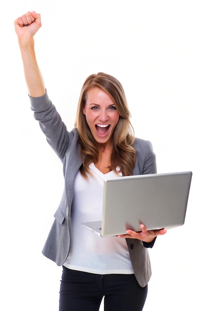 Nice attractive lovely overjoyed crazy woman holding in hands laptop goal achievement