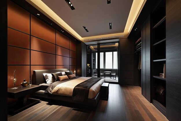 Nice bedroom with closet concealed behind trendy black