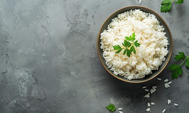 Photo a nice bowl of cooked white rice with copy space on a grey table generative ai