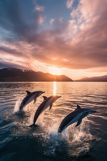 A nice breathtaking wide angle shot of a pod of dolphins leaping out of the water AI Generated Photo