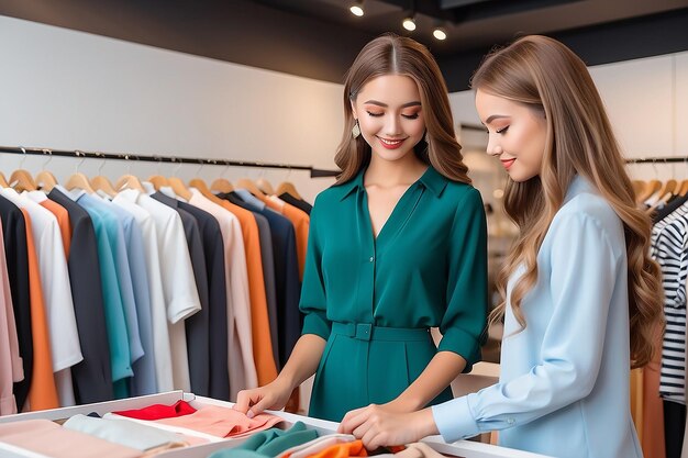 Photo nice color beautiful young woman helping to choose clothes to her customer